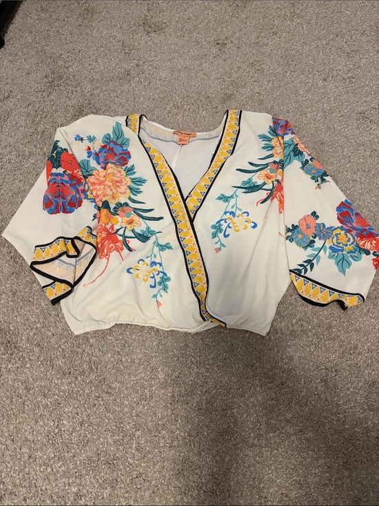 Flying Tomato Tops - Flying Tomato Cream Floral Wrap Crop Top with Yellow Trim